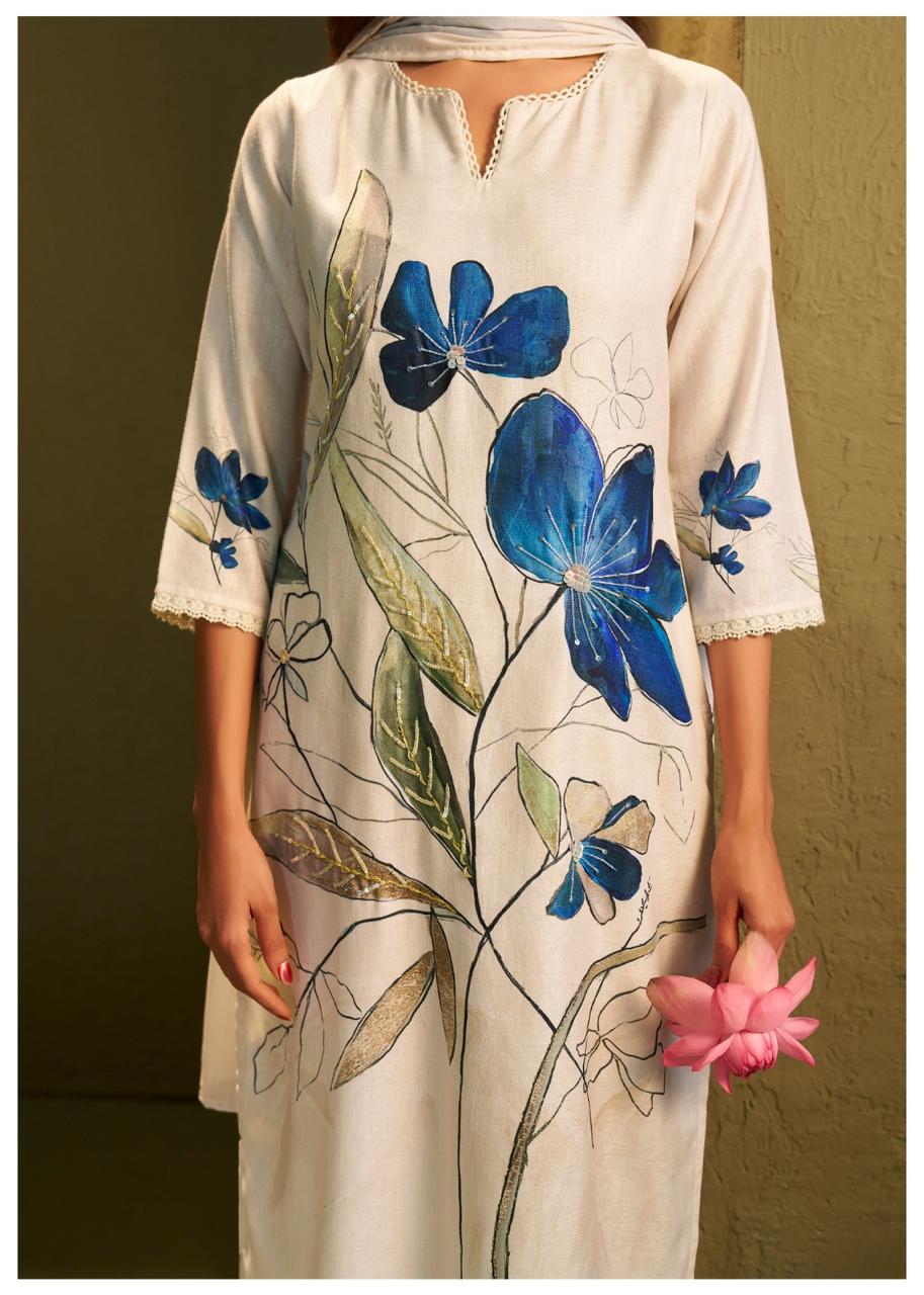 Super pretty and soft linen digital printed suit set in blue