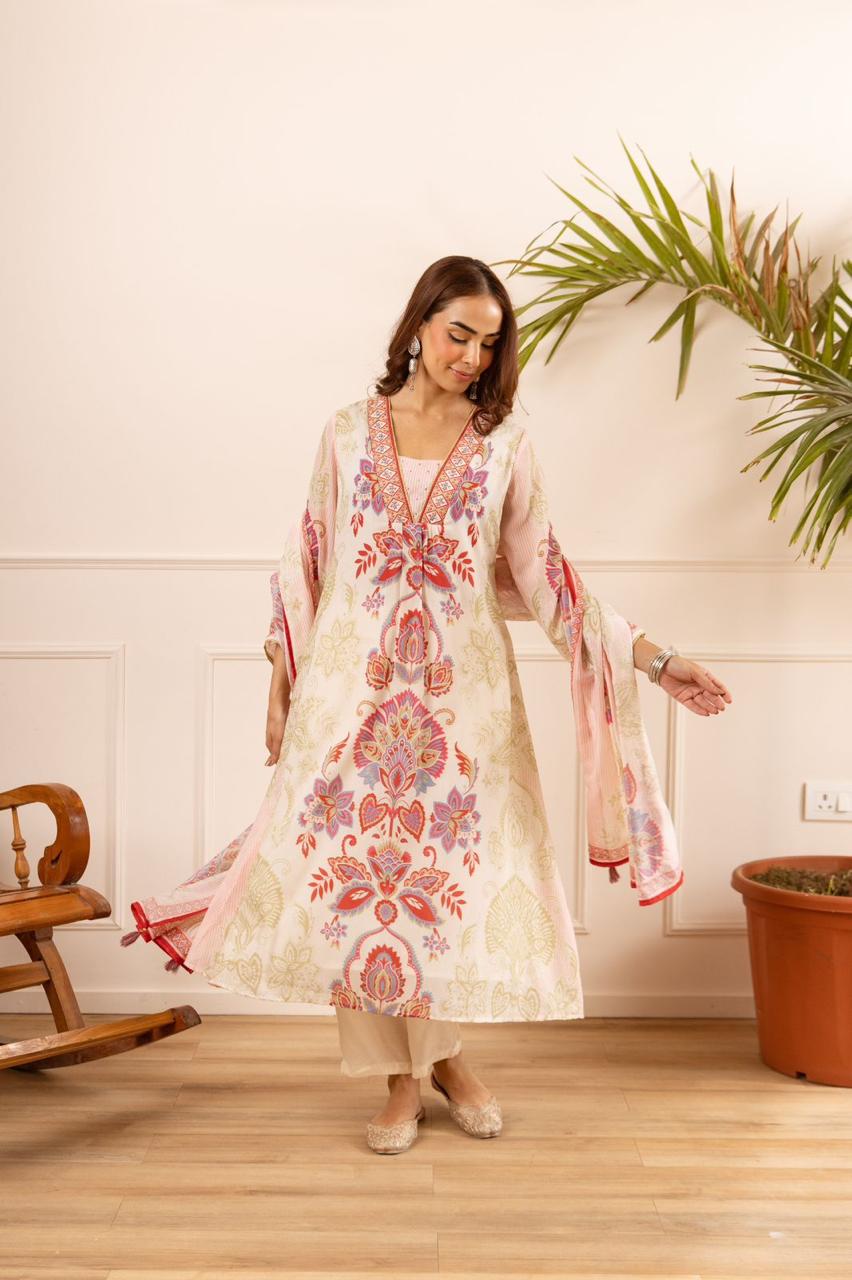 Mul digital printed V neck mul lining full set