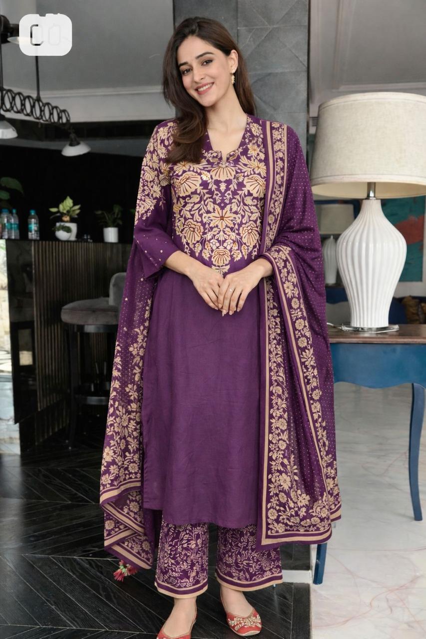 Pretty cotton digital printed full suit set in purple comes with pocket in both kurta n pant