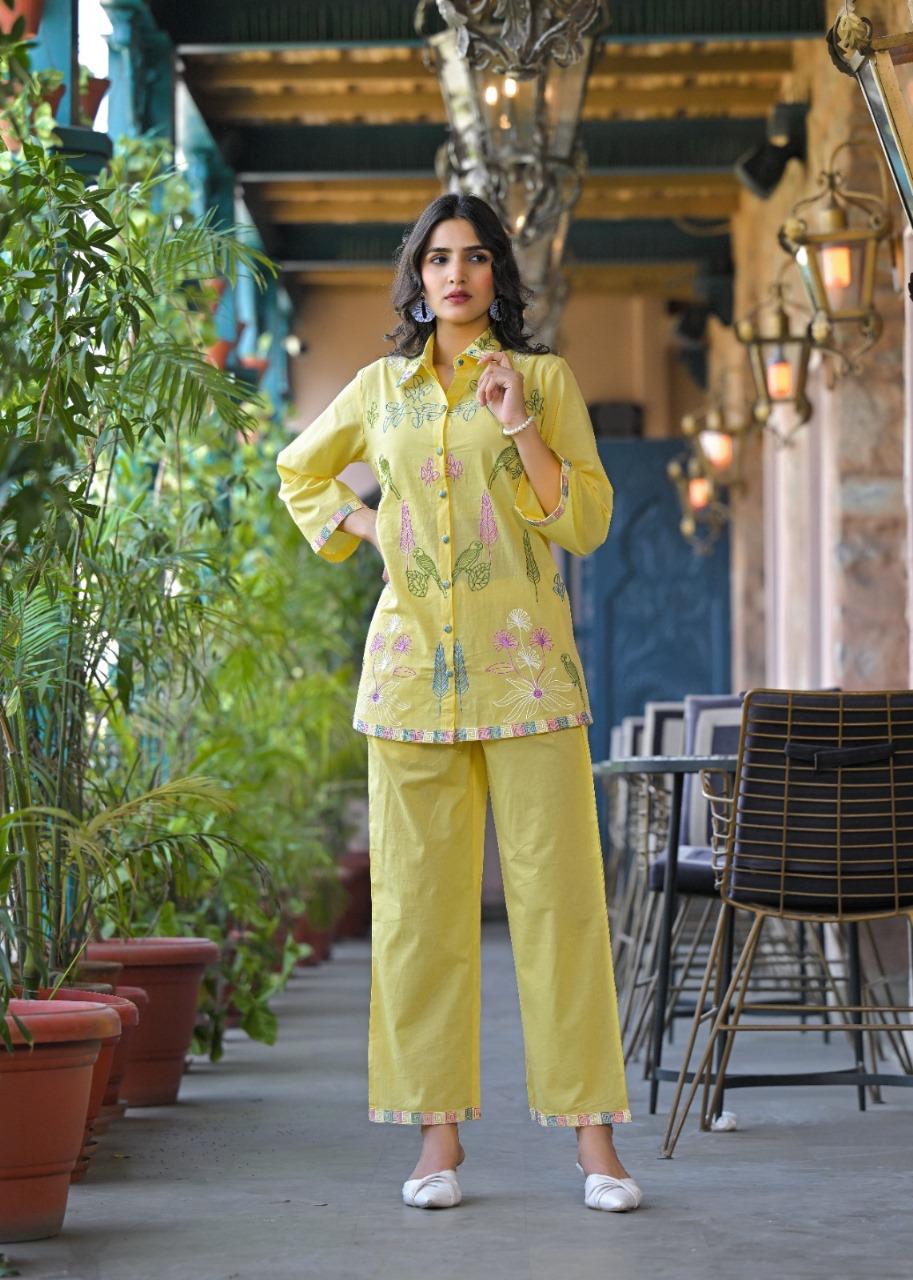 Smart cotton embroidered co ord set in yellow