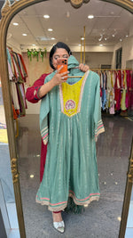 Premium Mul chanderi gotta detailing suit set in green n yellow