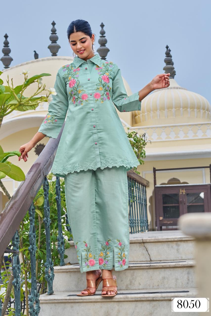 Applique work Mul chanderi in green