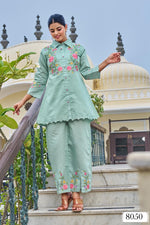 Applique work Mul chanderi in green