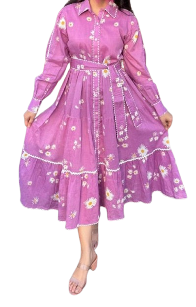 Pure cotton lining belt dress in purple