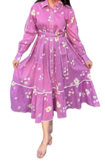 Pure cotton lining belt dress in purple