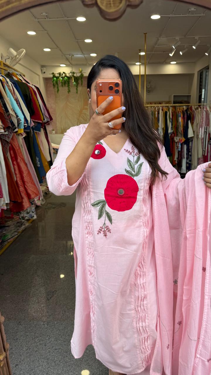 Pure cotton organza applique suit set in pink