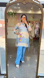 Linen top with beautiful pearl detailing and katha detailing paired softest denim pants