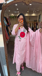 Pure cotton organza applique suit set in pink
