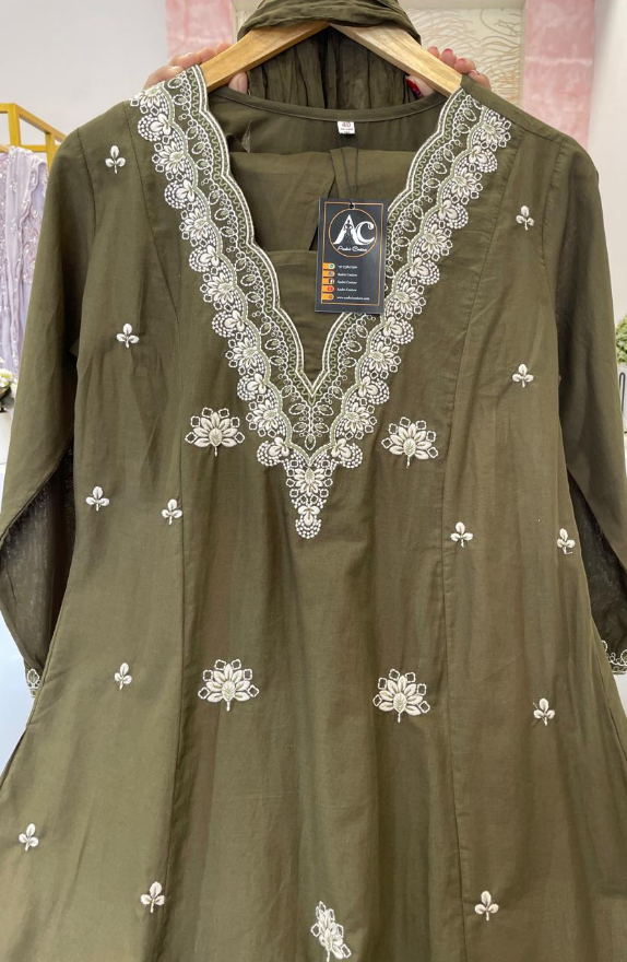 V Neck Pure cotton fully embroidered full suit set in Green
