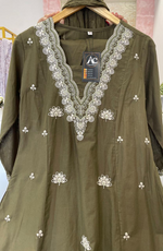V Neck Pure cotton fully embroidered full suit set in Green