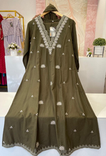 V Neck Pure cotton fully embroidered full suit set in Green