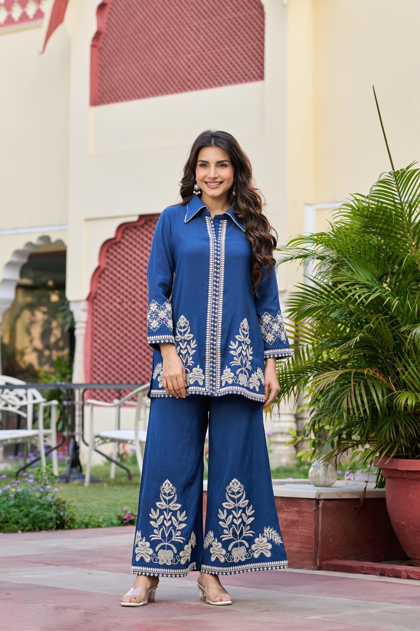Fully embroidered royal blue co ord set