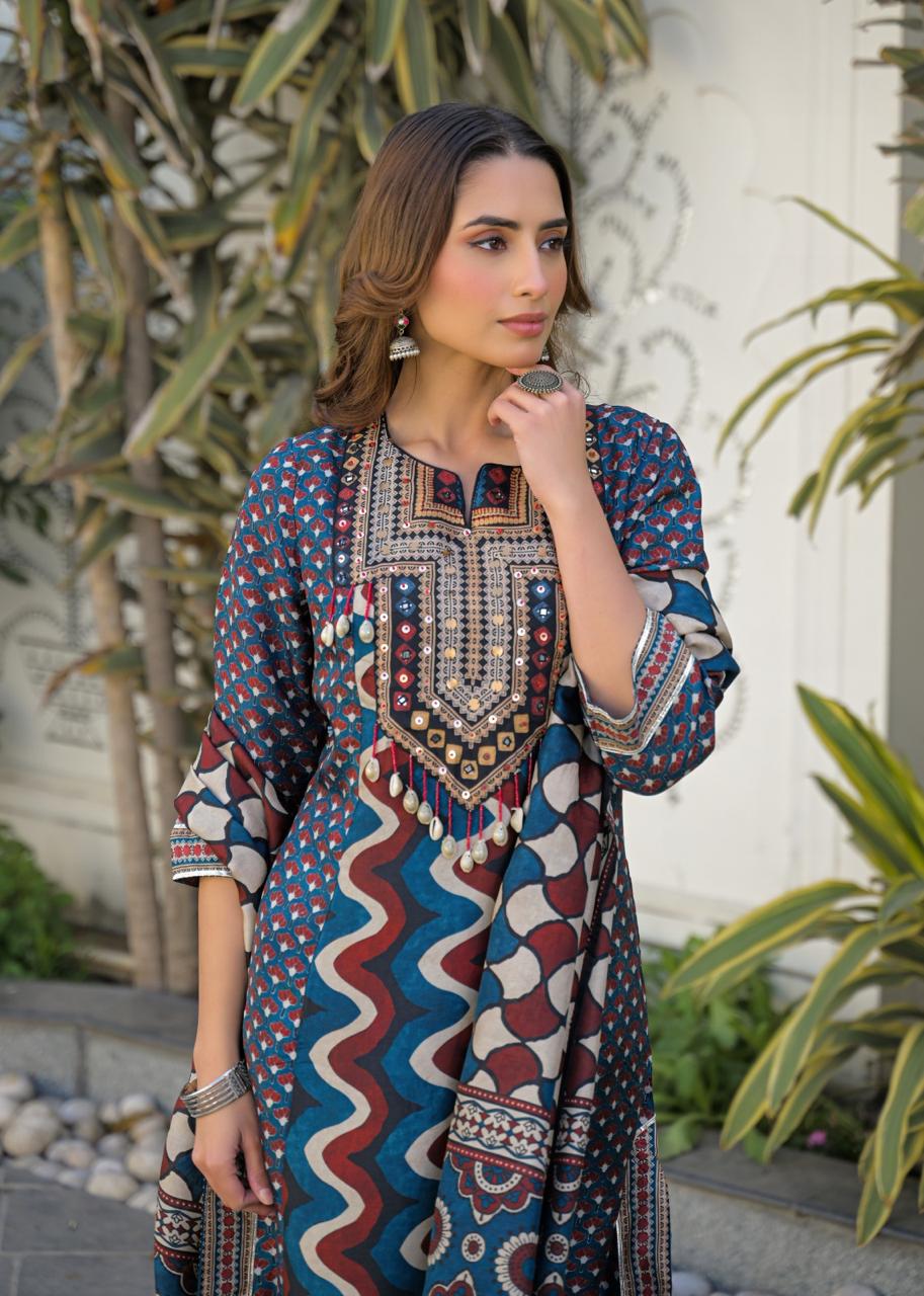 Russian silk ajrakh suit set