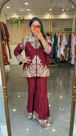 Super premium chinon with gorgeous hand embroidery co ord in maroon