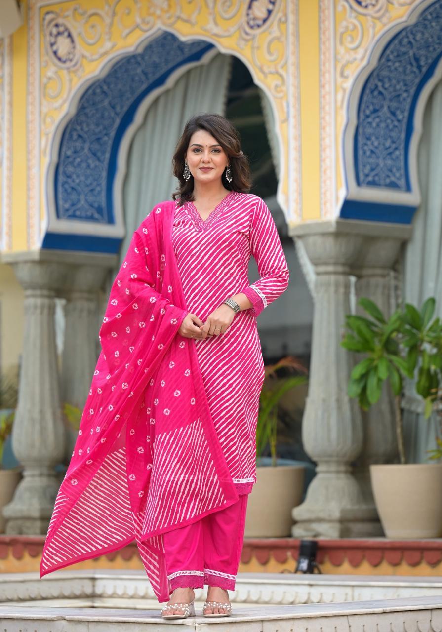 Pure cotton lehariya suit in V neck paired with shiffon dupatta in pink