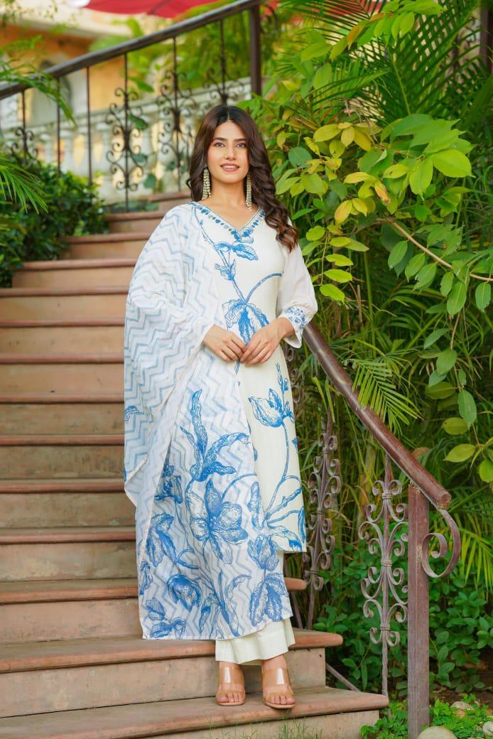 Super premium cotton suit digital printed paired with organza dupatta