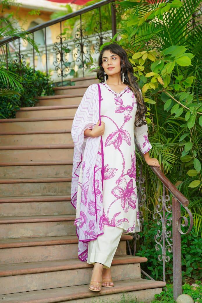 Super premium cotton suit digital printed paired with organza dupatta