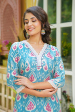 Pure butter muslin V neck with lace detailing in Ikkat print in blue