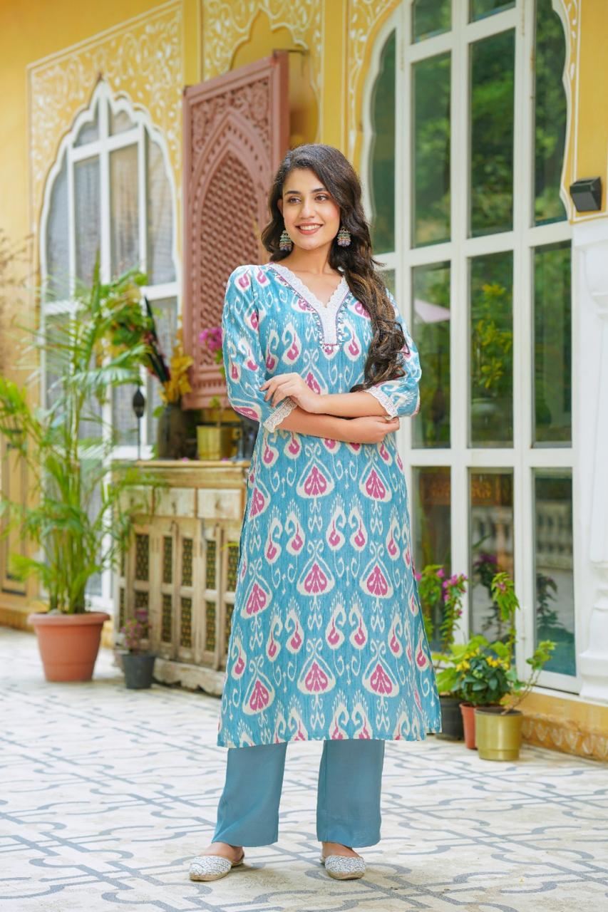 Pure butter muslin V neck with lace detailing in Ikkat print in blue