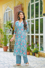 Pure butter muslin V neck with lace detailing in Ikkat print in blue