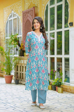 Pure butter muslin V neck with lace detailing in Ikkat print in blue