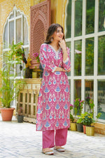 Pure butter muslin V neck with lace detailing Ikkat print in pink