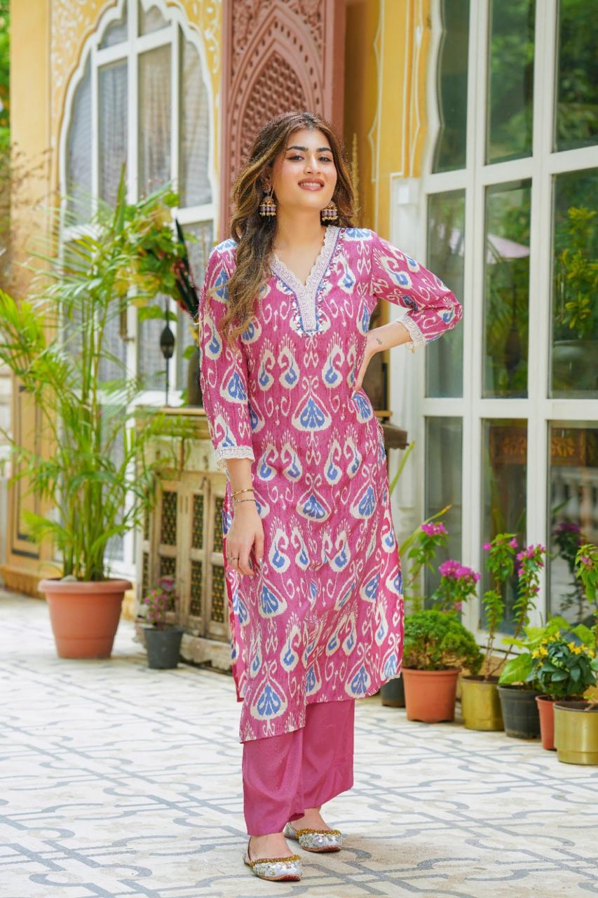 Pure butter muslin V neck with lace detailing Ikkat print in pink