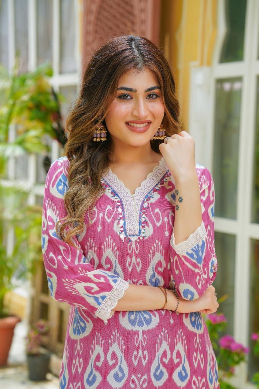 Pure butter muslin V neck with lace detailing Ikkat print in pink