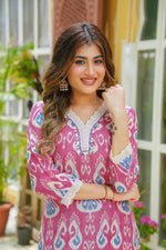 Pure butter muslin V neck with lace detailing Ikkat print in pink