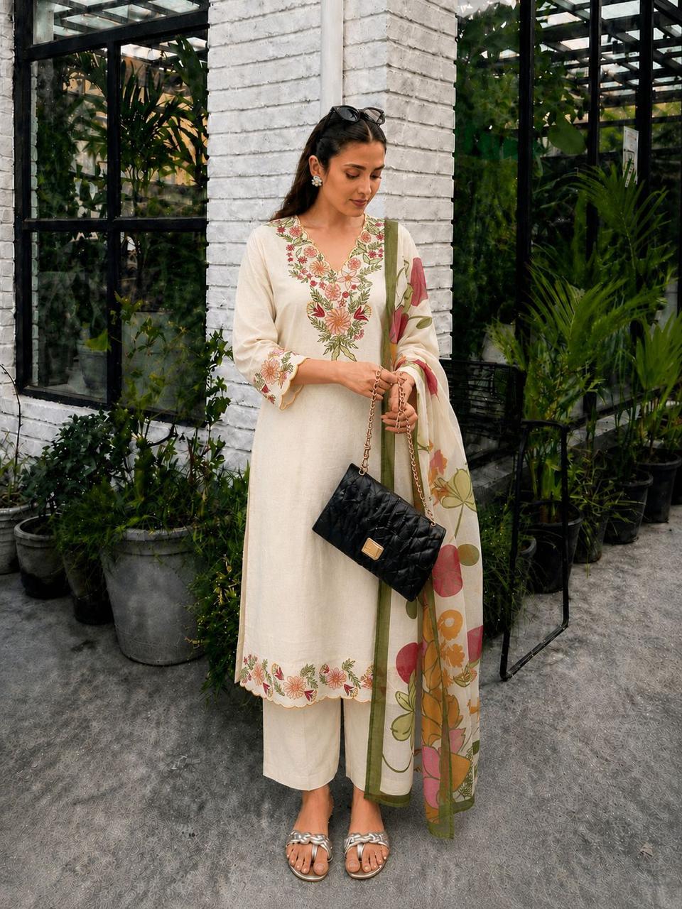 Pure cotton embroidered paired with pretty linen dupatta