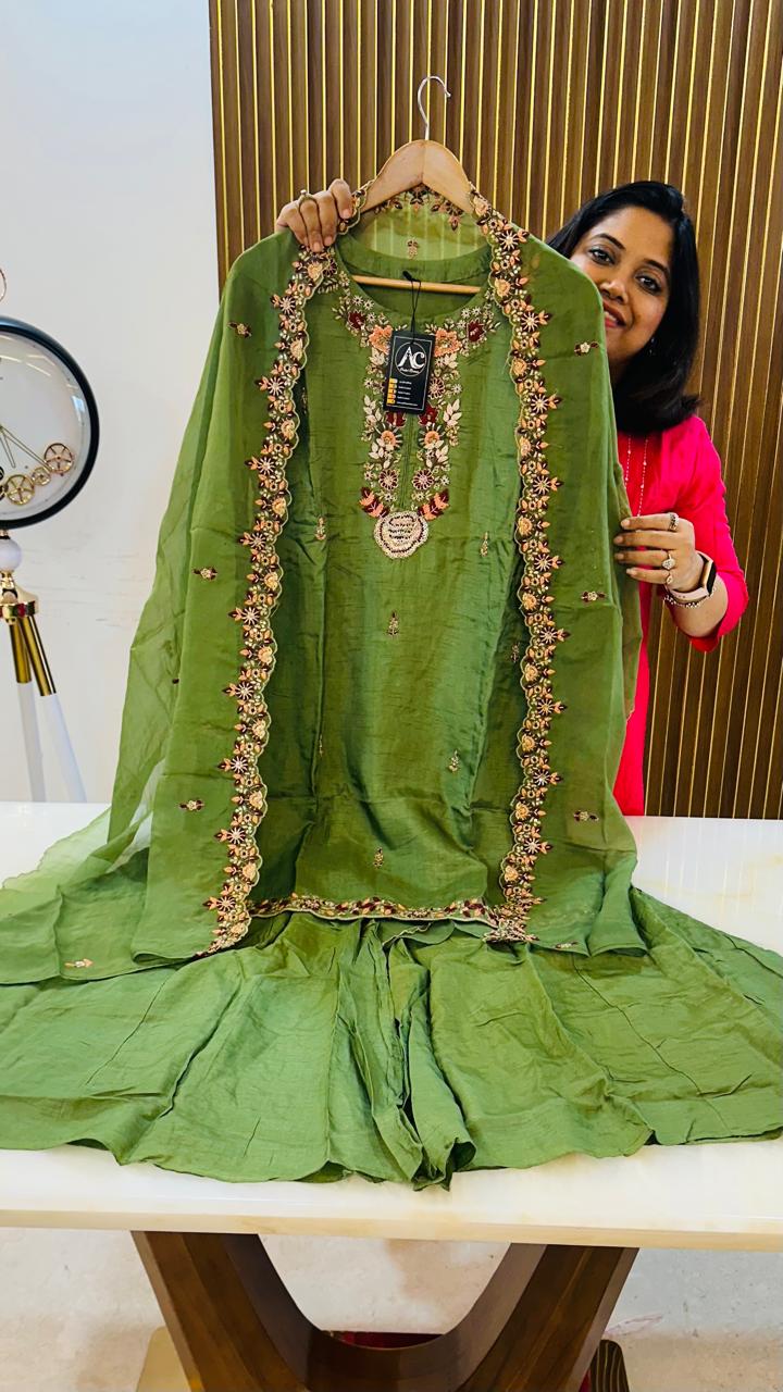 Premium dola silk sharara suit with soft organza dupatta Aashvi Couture