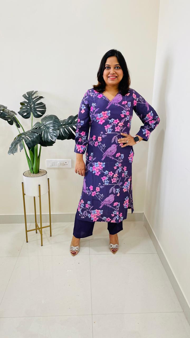 Pure crepe V neck digital printed kurta pant