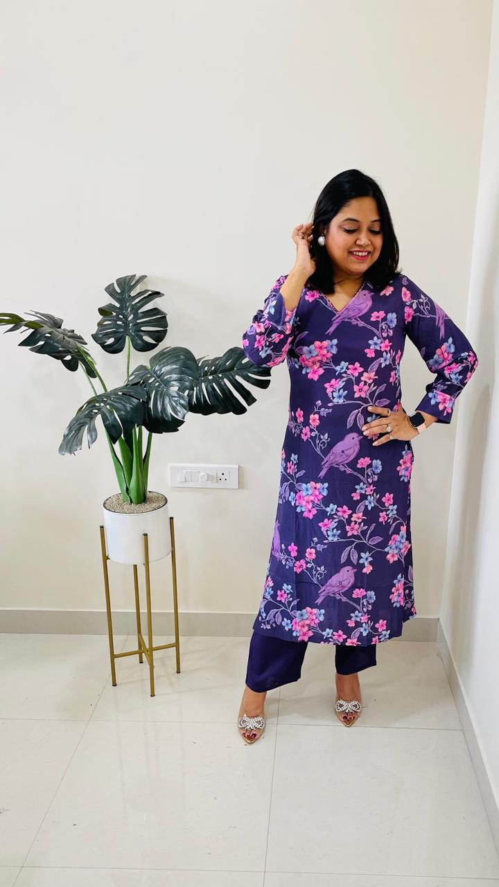 Pure crepe V neck digital printed kurta pant