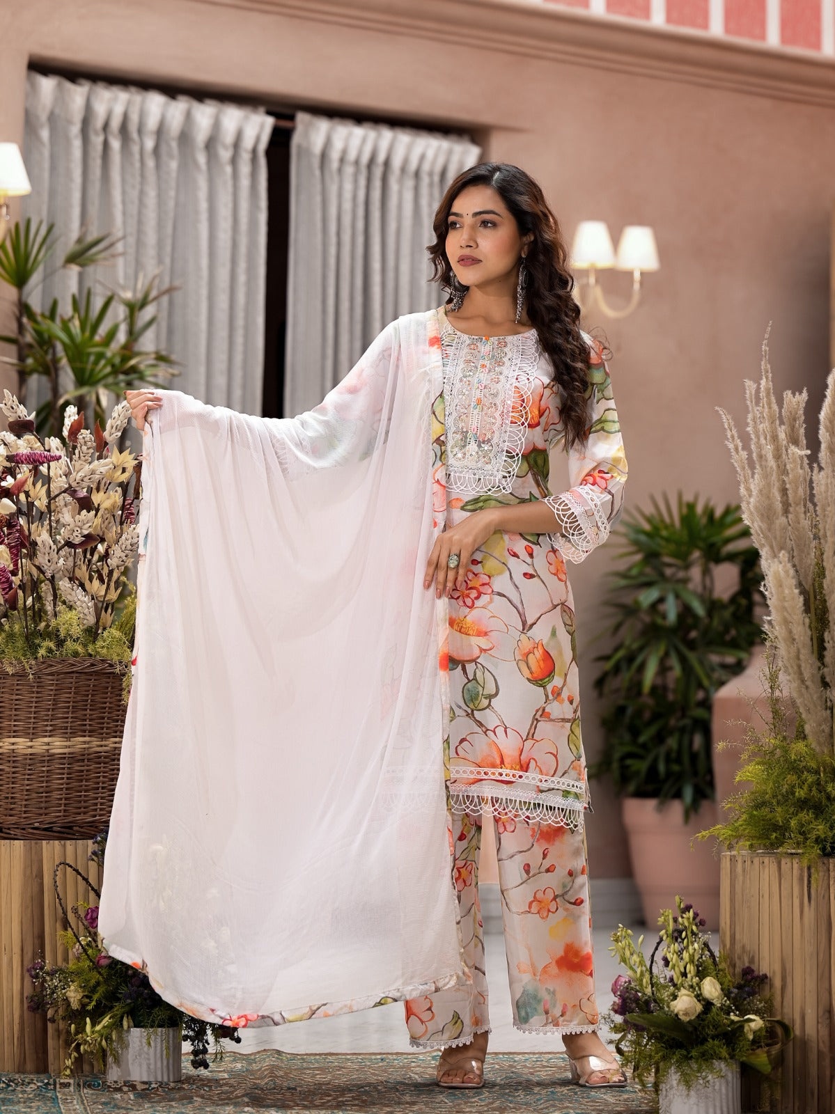 Pure muslin silk stylish lace detailing suit set