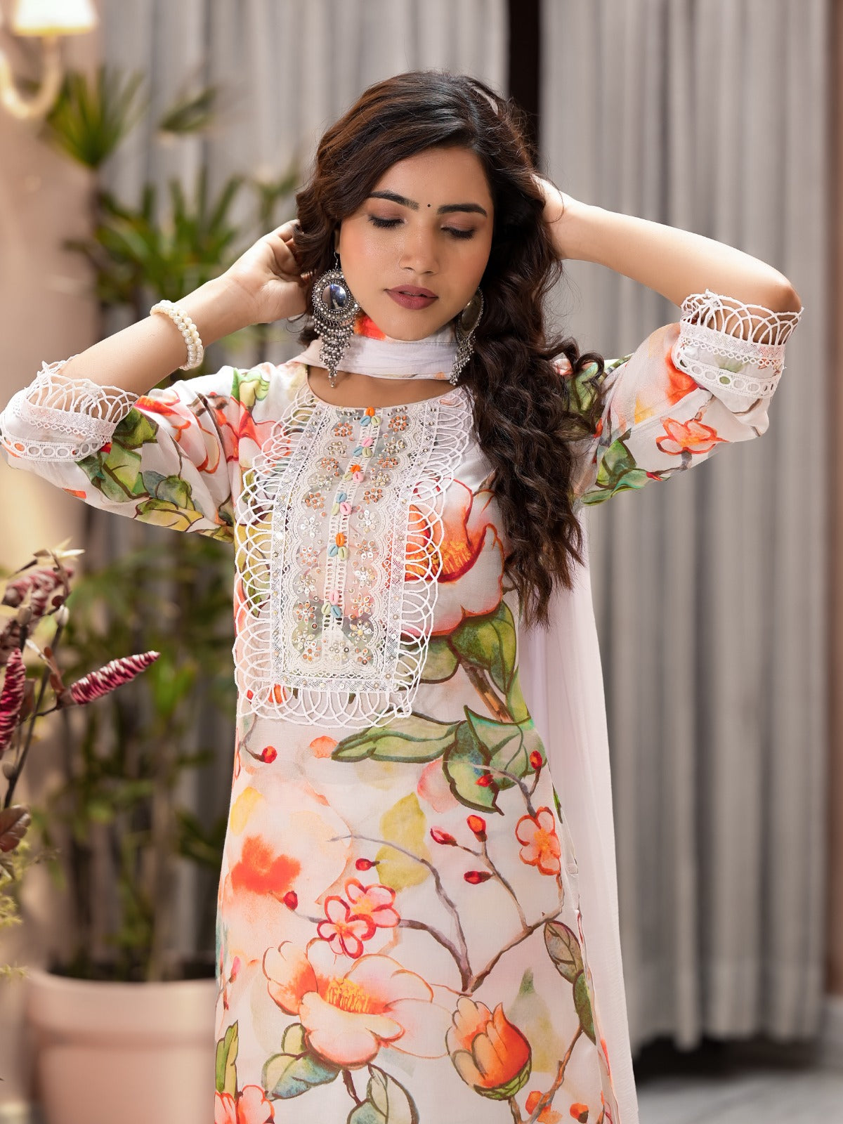 Pure muslin silk stylish lace detailing suit set