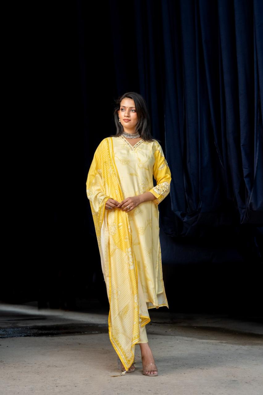 Super soft muslin silk with lining and gotta detailing suit set in yellow