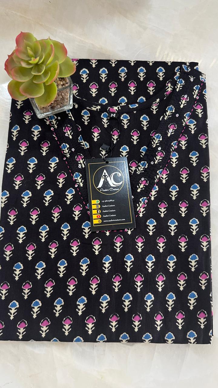 V neck cotton black kurta