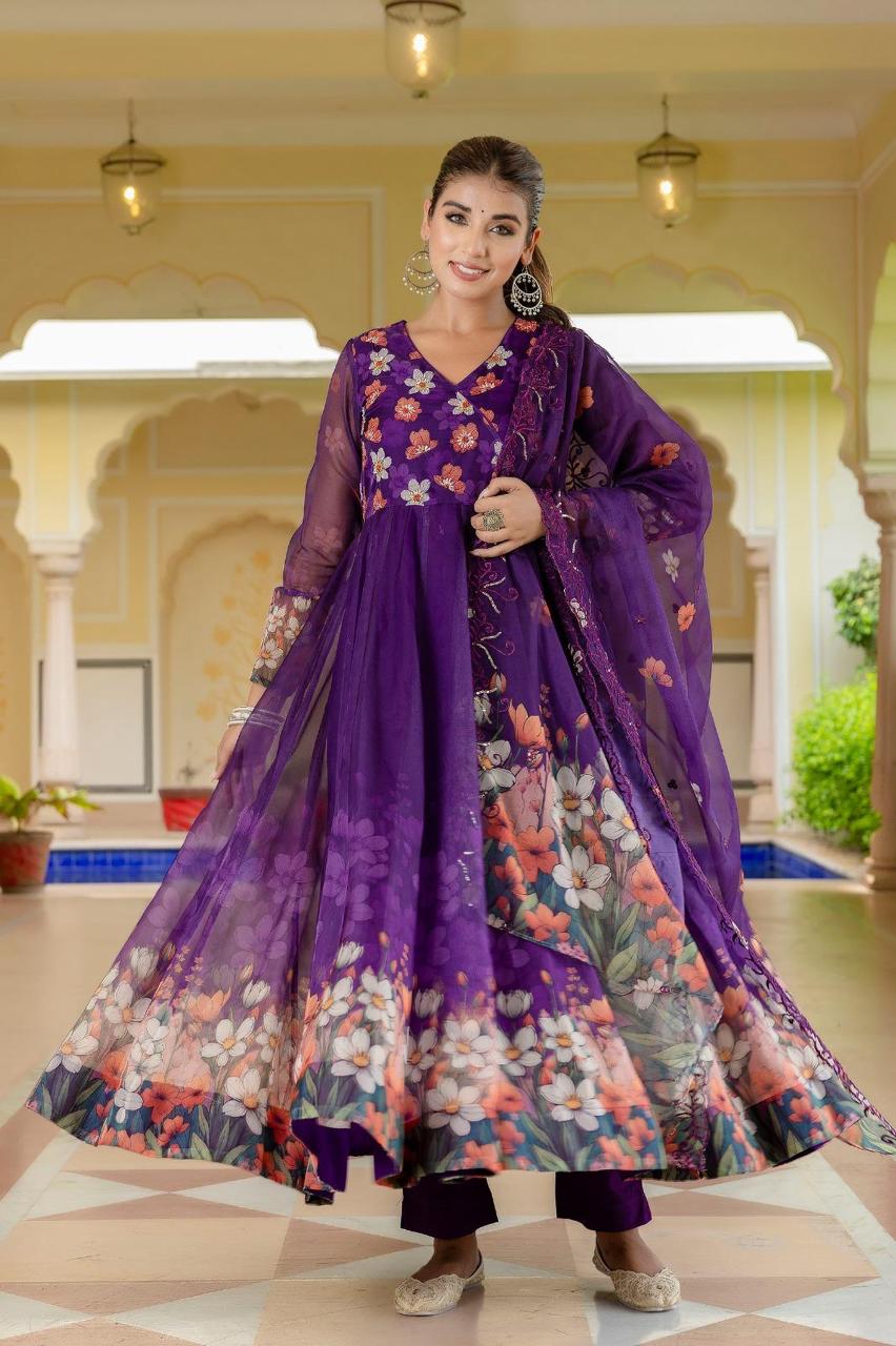 Pure organza angrakha digital print suit set in purple