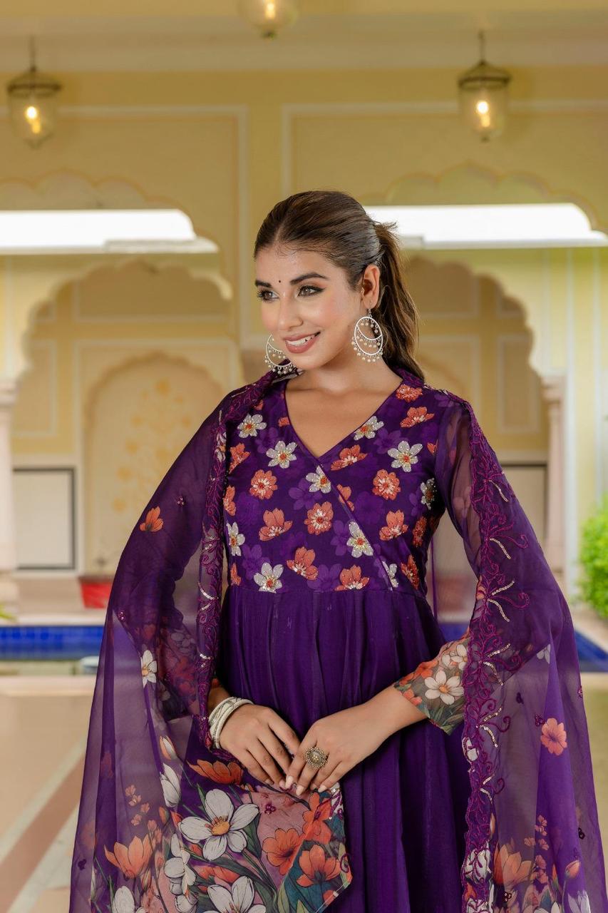 Pure organza angrakha digital print suit set in purple