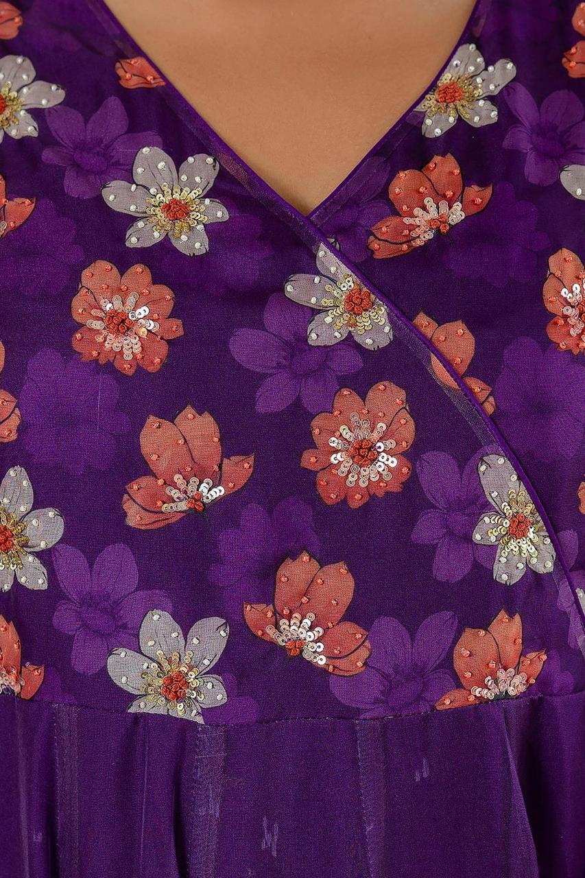 Pure organza angrakha digital print suit set in purple