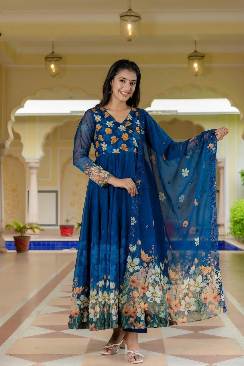 Pure organza angrakha digital print suit set in blue