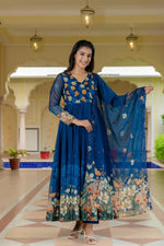 Pure organza angrakha digital print suit set in blue