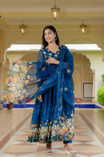 Pure organza angrakha digital print suit set in blue