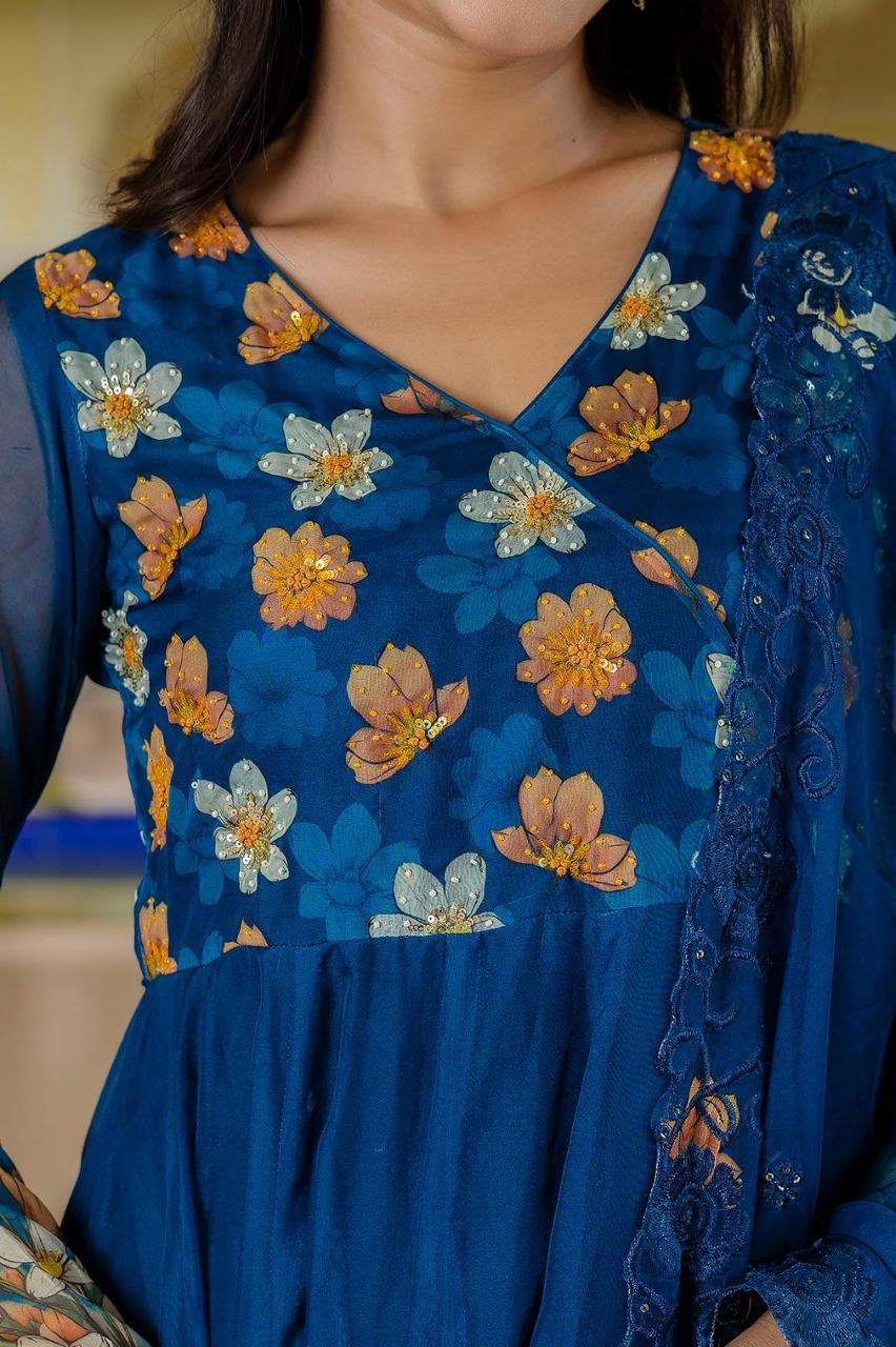 Pure organza angrakha digital print suit set in blue
