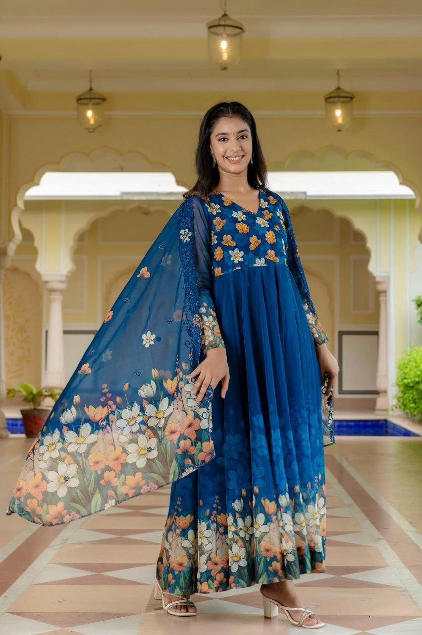 Pure organza angrakha digital print suit set in blue