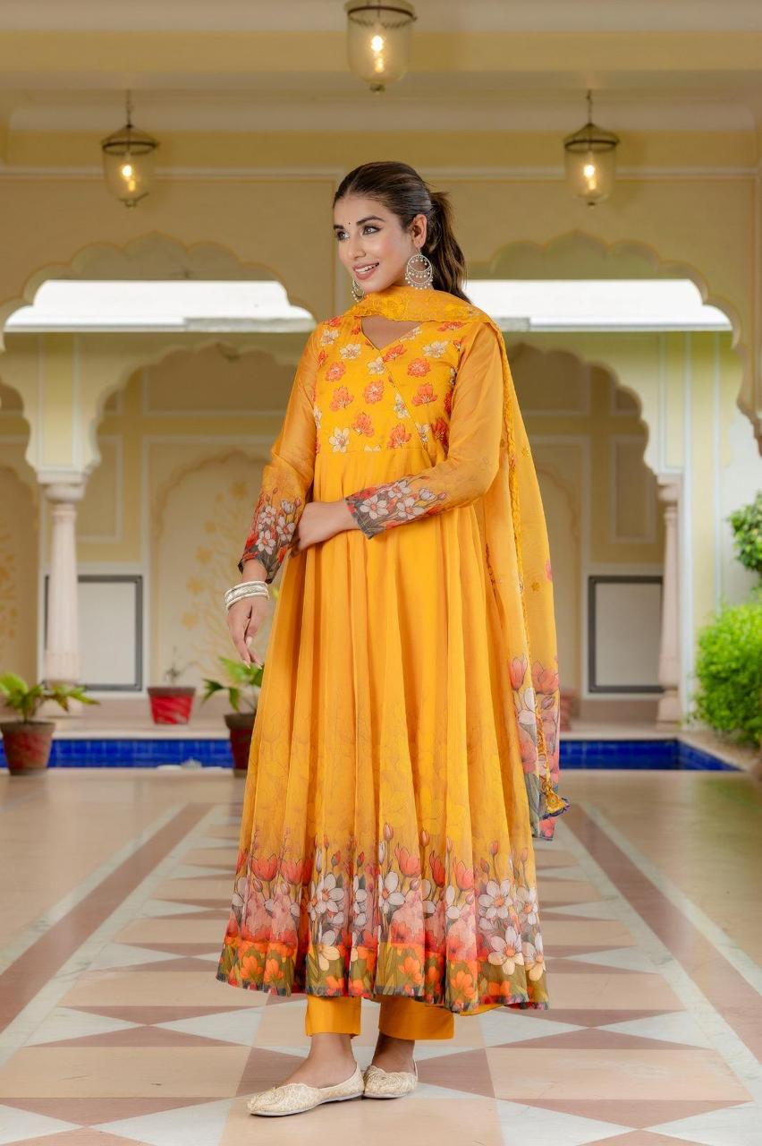 Pure organza angrakha digital print suit set in yellow