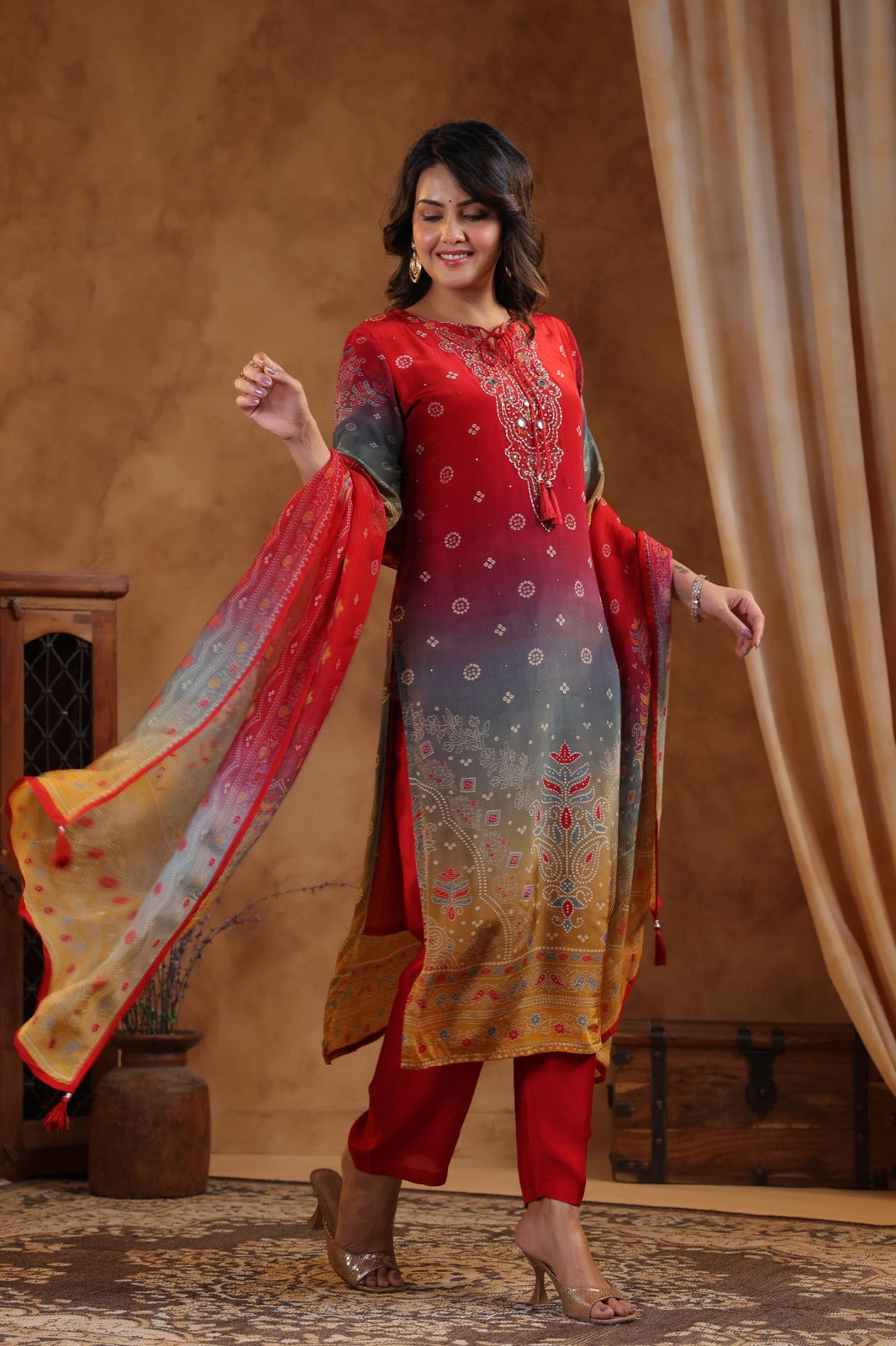 Pure crepe suit set paired with organza dupatta