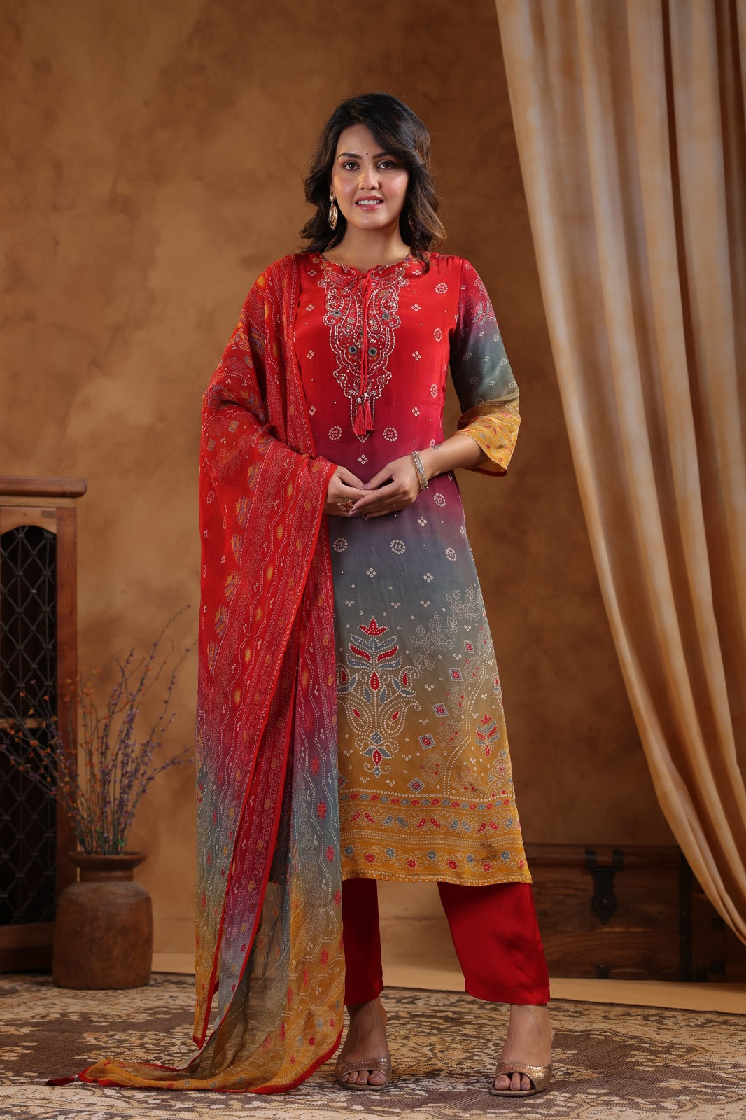 Pure crepe suit set paired with organza dupatta