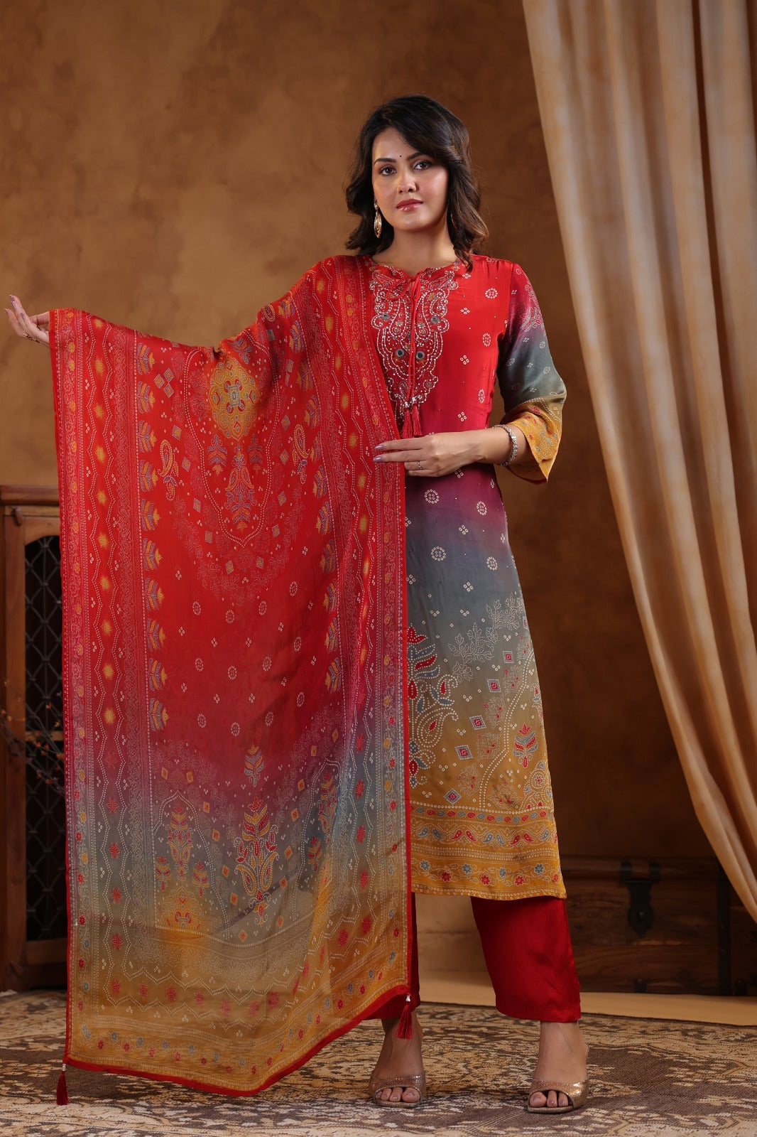 Pure crepe suit set paired with organza dupatta