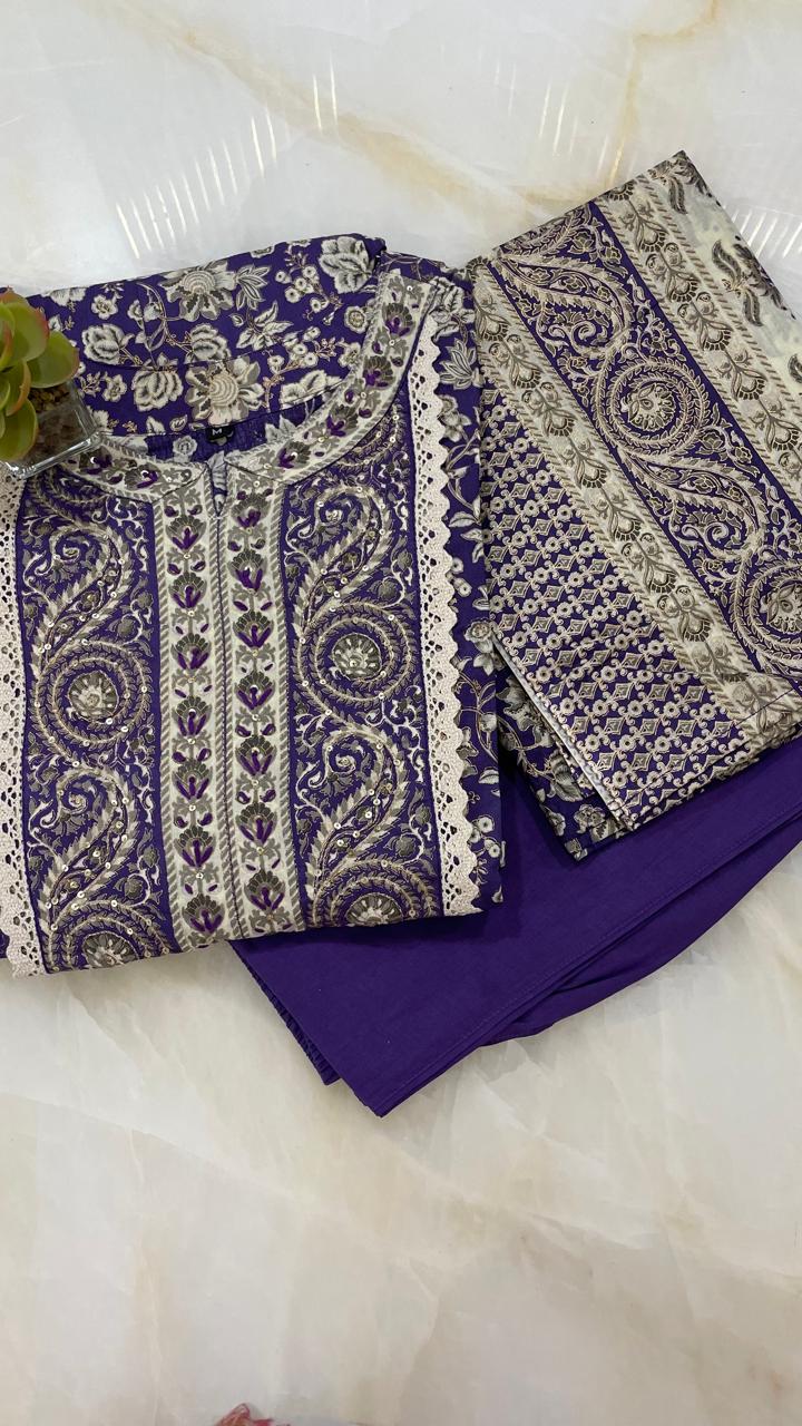 Gorgeous cotton Anarkali suit set with zari and lace detailing in